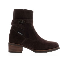 Carl Scarpa Pollenzo Brown Suede Ankle Boots with buckle strap detail, almond toe, and mid block heel on white background
