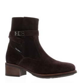Carl Scarpa Pollenzo Brown Suede Ankle Boot with silver buckle hardware, almond toe, and mid block heel, side view
