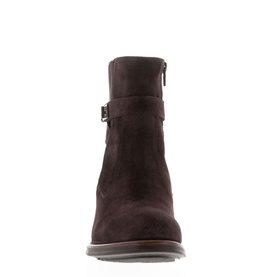 Carl Scarpa Pollenzo Brown Suede Ankle Boots, front view showing silver buckle hardware, side zip, and flexible rubber sole