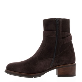 Carl Scarpa Pollenzo Brown Suede Ankle Boots with side zip, strap detail, and stacked mid block heel, side view