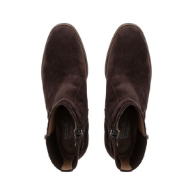 Carl Scarpa Pollenzo Brown Suede Ankle Boots, overhead view showing almond toe, silver hardware zip detail and suede texture