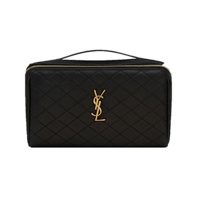 Saint Laurent Gaby Quilted Leather Vanity Case in black lambskin with gold Cassandre logo, zip-around closure, and top handle