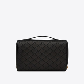 Saint Laurent Gaby Quilted Leather Vanity Case in black lambskin, diamond-quilted, leather top handle, bronze-toned hardware, zip-around closure