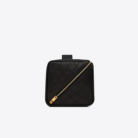 Saint Laurent Gaby Quilted Leather Vanity Case in black lambskin with diamond quilting, zip-around closure and bronze-toned hardware