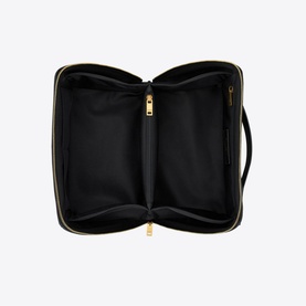 Saint Laurent Gaby Quilted Leather Vanity Case in black, open view showing black interior, zip-around closure with gold-tone hardware and top handle