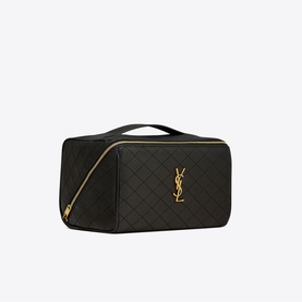 Saint Laurent Gaby Quilted Leather Vanity Case in black lambskin with bronze-tone hardware, zip-around closure, Cassandre logo, and top handle