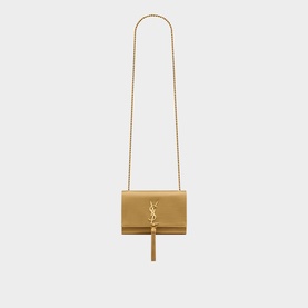 Saint Laurent Kate Small Tassel Satin Shoulder Bag in beige with gold-tone chain strap, Cassandre logo, and tassel detail