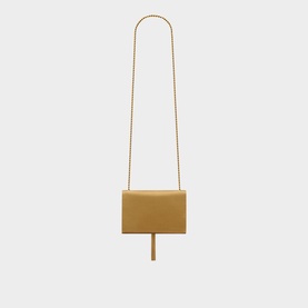 Saint Laurent Kate Small Tassel Satin Shoulder Bag in beige with long gold-tone chain strap and chain tassel detail, magnetic flap closure
