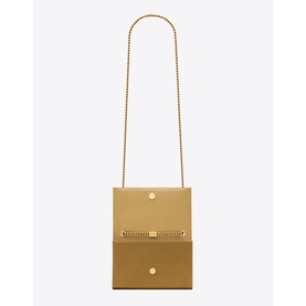 Saint Laurent Kate Small Tassel Satin Shoulder Bag in beige with gold-tone chain strap, magnetic flap closure, and Cassandre logo detail