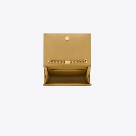 Saint Laurent Kate Small Tassel Satin Shoulder Bag in beige, open view showing interior compartment with gold-tone chain detail and magnetic flap