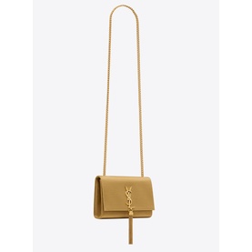 Saint Laurent Kate Small Tassel Satin Shoulder Bag in beige with gold-tone chain strap, Cassandre logo, and chain tassel detail