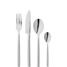 Stellar Rochester 16-Piece Cutlery Set in silver, 18/10 stainless steel, showing fork, knife, dessert spoon and teaspoon