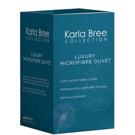Karla Bree Seersucker Stripe 15 Tog Duvet packaging, teal box with luxury microfibre duvet branding and hollowfibre filling details