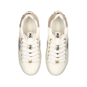 KG by Kurt Geiger Leslie Gem Trainers in white with crystal embellishment, gold-tone heel detail, and lace-up platform sole, top-down view
