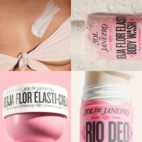 Sol De Janeiro Beija Flor Rio Deo 68 deodorant shown in four-panel collage with body wash and Elasti-Cream from the same range