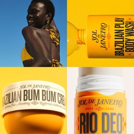 Sol De Janeiro Rio Deo 62 deodorant shown in a lifestyle grid with Brazilian Bum Bum Cream, Brazilian Play Body Wash, and model in yellow bikini