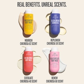 Sol De Janeiro Beija Flor Body Wash shown in a four-product lineup including Nourish, Replenish, Exfoliate and Renew scent variants