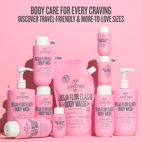 Sol De Janeiro Beija Flor Body Wash collection in pink packaging, showing multiple travel and full sizes including refill pouch and pump bottles