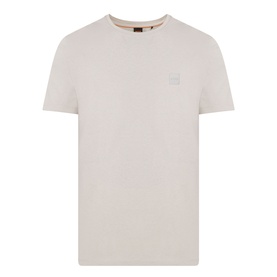 Hugo Boss Orange Tales Logo T-Shirt in beige, crew neck, short sleeves, tonal logo patch on chest, straight hem, 100% cotton.