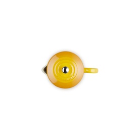 Le Creuset Stoneware Cafetiere With Metal Press 1L in yellow, overhead view showing round lid with silver metal knob and handle