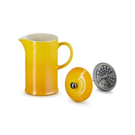 Le Creuset Stoneware Cafetiere With Metal Press 1L in yellow, shown with lid and stainless steel press mechanism alongside