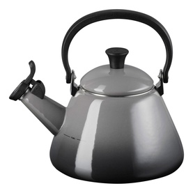 Le Creuset Kone Kettle With Fixed Whistle 1.6L in grey, enamelled carbon steel with black fixed handle and whistle spout
