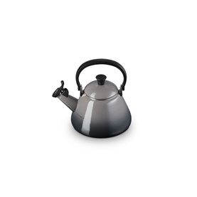 Le Creuset Kone Kettle With Fixed Whistle 1.6L in grey, enamelled carbon steel with black fixed handle and whistle spout