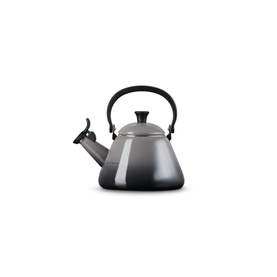 Le Creuset Kone Kettle With Fixed Whistle 1.6L in grey, enamelled carbon steel with wide base and black fixed handle