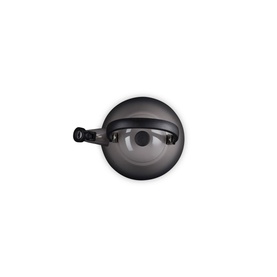 Le Creuset Kone Kettle With Fixed Whistle 1.6L in grey, enamelled carbon steel, shown from below highlighting wide base and spout