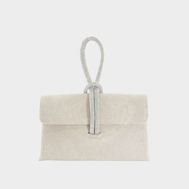 Dune Brynie Diamante-Loop-Handle Grab Bag in metallic, textured fabric with crystal-embellished wrist loop and trim detail