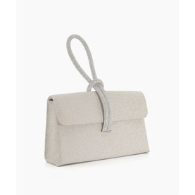 Dune Brynie Diamante-Loop-Handle Grab Bag in metallic silver with embellished diamante loop wrist handle and flap closure