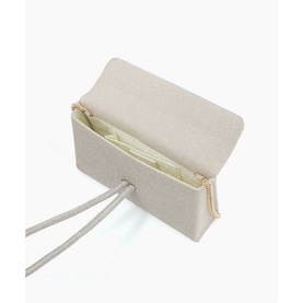 Dune Brynie Diamante-Loop-Handle Grab Bag in metallic, open view showing gold zip detail and pale yellow interior lining with thin straps