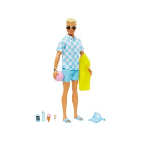 Barbie Blonde Ken Doll in blue checked shirt and teal shorts with beach accessories including surfboard, hat, and snacks
