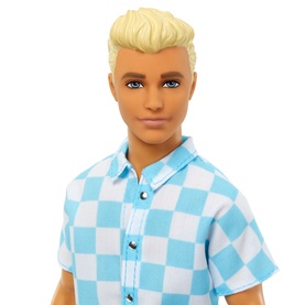 Barbie Blonde Ken Doll with styled blonde hair, wearing a blue and white checkerboard shirt, close-up view