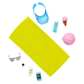 Barbie Blonde Ken Doll beach accessories set including yellow towel, blue visor, sunglasses, phone, sunscreen, water bottle, ice cream, and pink ball