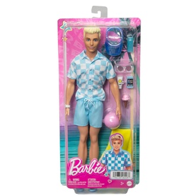 Barbie Blonde Ken Doll in blue checkerboard shirt and shorts, packaged with beach-themed accessories including sunglasses and ball