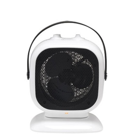Dimplex 3kW Qube Fan Heater in white with black mesh front grille and carry handle, compact square design