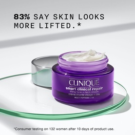 Clinique Smart Clinical Repair Lifting Face + Neck Cream 75ml in open purple jar, with consumer claim overlay text