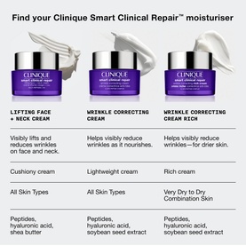 Clinique Smart Clinical Repair&trade; Lifting Face + Neck Cream comparison chart showing three moisturiser variants with texture and skin type details