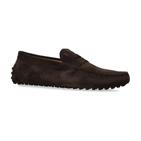 Tod's Classic Penny Driver Shoes in brown suede, almond toe, slip-on with penny strap detail and rubber pebble sole
