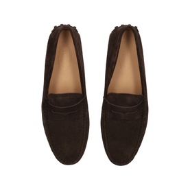 Tod's Classic Penny Driver Shoes in brown suede, almond toe, penny strap detail, rubber sole, overhead flat lay view
