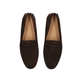 Tod's Classic Penny Driver Shoes in brown suede, almond toe, slip-on with penny strap detail, rubber sole, overhead flat lay