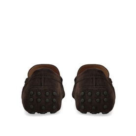 Tod's Classic Penny Driver Shoes in brown suede, rear view showing rubber pebble sole and slip-on silhouette