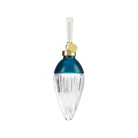 Waterford Christmas Faith Drop Bauble Fjord, clear crystal with teal top, gold collar, and white satin ribbon hanger