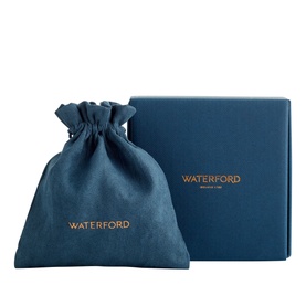 Waterford Christmas Faith Drop Bauble Fjord packaging: navy blue gift box and matching drawstring cloth bag with rose gold branding