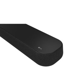 LG USE6S 3.0Ch Eclair 100W Soundbar in black, angled close-up showing fabric grille and curved top edge