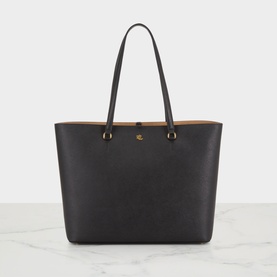 Lauren Karly Large Tote Bag in black crosshatch leather with twin carry handles, gold-tone hardware and logo detail