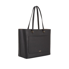 Lauren Karly Large Tote Bag in black crosshatch leather with dual handles, front slip pocket, and gold-tone hardware