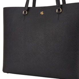 Lauren Karly Large Tote Bag in black crosshatch leather with dual carry handles, gold-tone hardware and RL logo detail