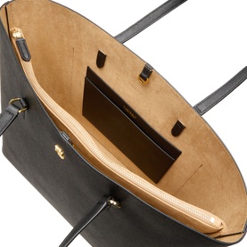Lauren Karly Large Tote Bag in black leather, interior view showing beige lining, zip pocket, and central divider with gold-tone hardware